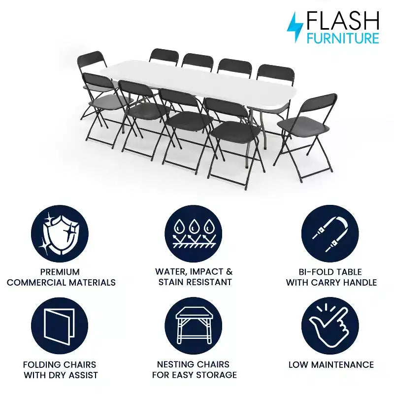 Ensemble table pliante de réception/formation Flash Furniture Kathryn 2,4 m en plastique aspect granit blanc avec 10 chaises pliantes