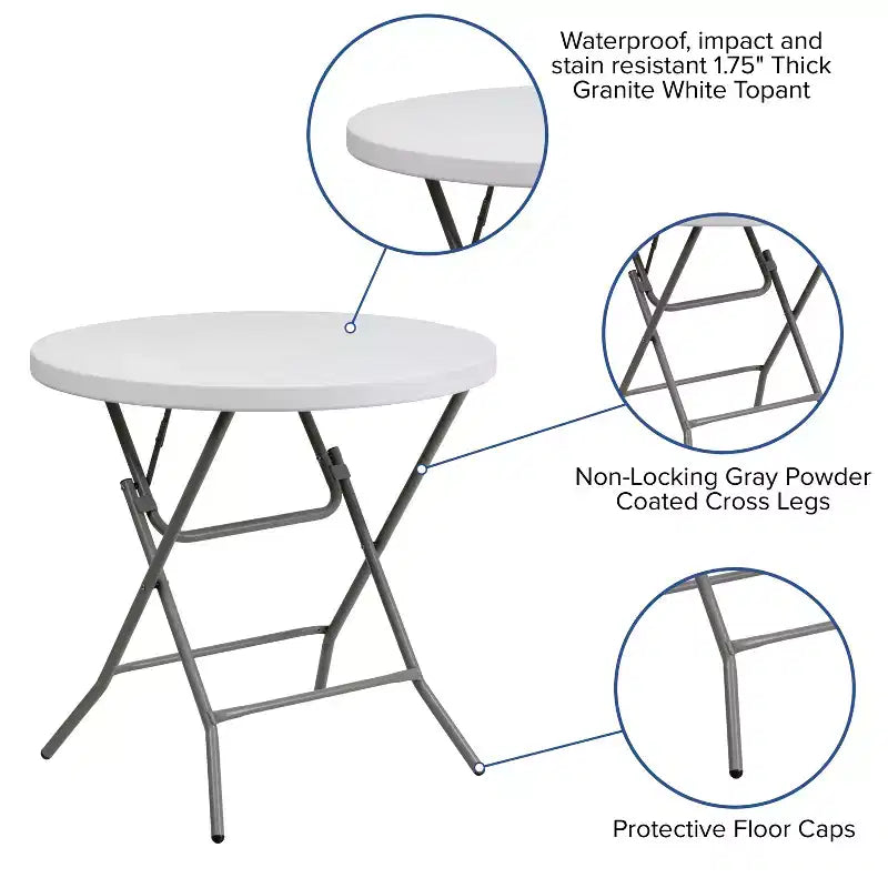 Table pliante ronde Emma et Oliver de 0,80 m en plastique blanc aspect granit - Table événementielle