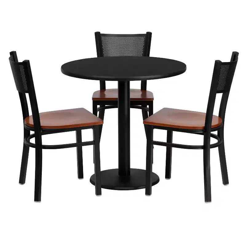 Emma and Oliver 30 Round Black Laminate Table Set, 3 Grid Back Metal Chairs