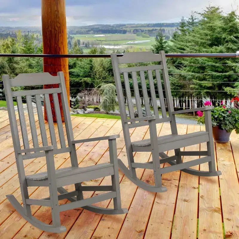 Emma et Oliver, ensemble de 2 fauteuils à bascule en polyrésine d'extérieur toutes saisons, imitation bois pour véranda et patio