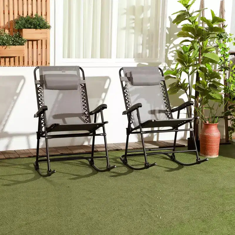 Outsunny Lot de 2 chaises berçantes, chaises de jardin pliantes inclinables avec oreiller, transats portables d'extérieur pour le camping, la pêche, la plage