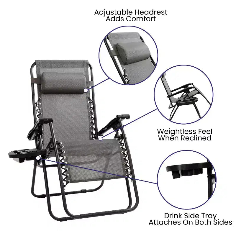 Fauteuil inclinable zéro gravité pliable et réglable en maille Flash Furniture avec oreiller et plateau porte-gobelet, lot de 2