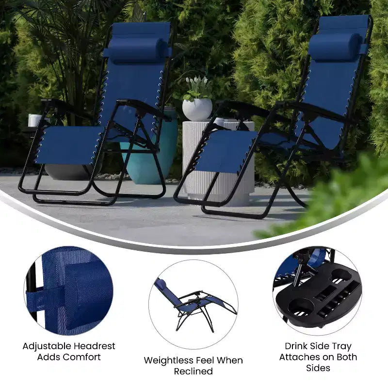 Fauteuil inclinable zéro gravité pliable et réglable en maille Flash Furniture avec oreiller et plateau porte-gobelet, lot de 2
