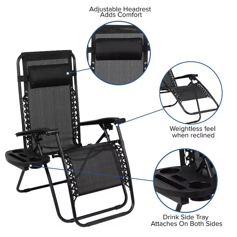 Fauteuil inclinable zéro gravité pliable et réglable en maille Flash Furniture avec oreiller et plateau porte-gobelet, lot de 2