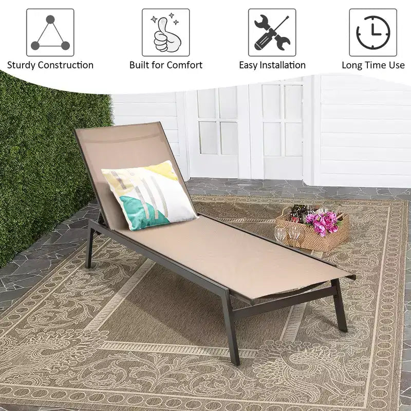 Costway Chaise Longue de Patio Transat Inclinable à Dossier Réglable Jardin Terrasse Marron\Noir