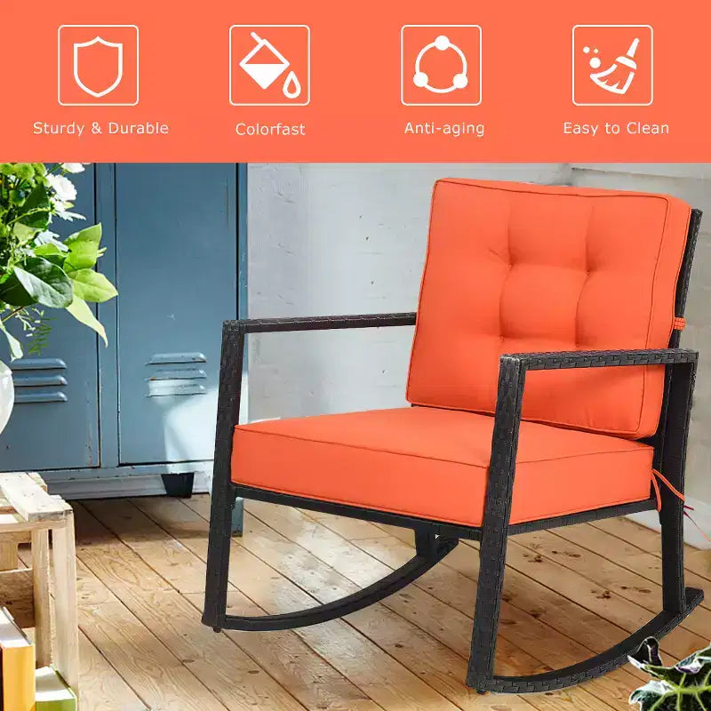Fauteuil à bascule Costway Patio en rotin, fauteuil à bascule extérieur en osier avec coussin pour pelouse et terrasse