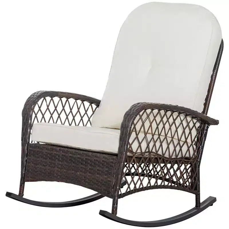 Fauteuil à bascule d'extérieur en osier Outsunny, fauteuil à bascule inclinable en rotin PE pour terrasse avec coussin moelleux, pour jardin, cour arrière, porche