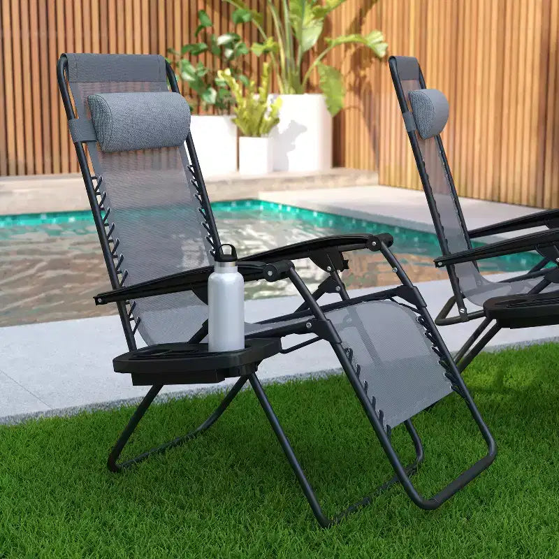 Merrick Lane Lot de 2 chaises pliantes rembourrées en filet Zero Gravity avec oreiller amovible et porte-gobelet