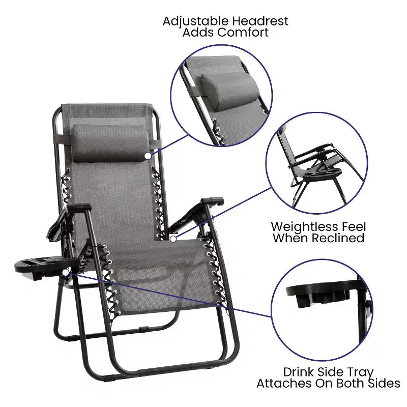 Merrick Lane Lot de 2 chaises pliantes rembourrées en filet Zero Gravity avec oreiller amovible et porte-gobelet