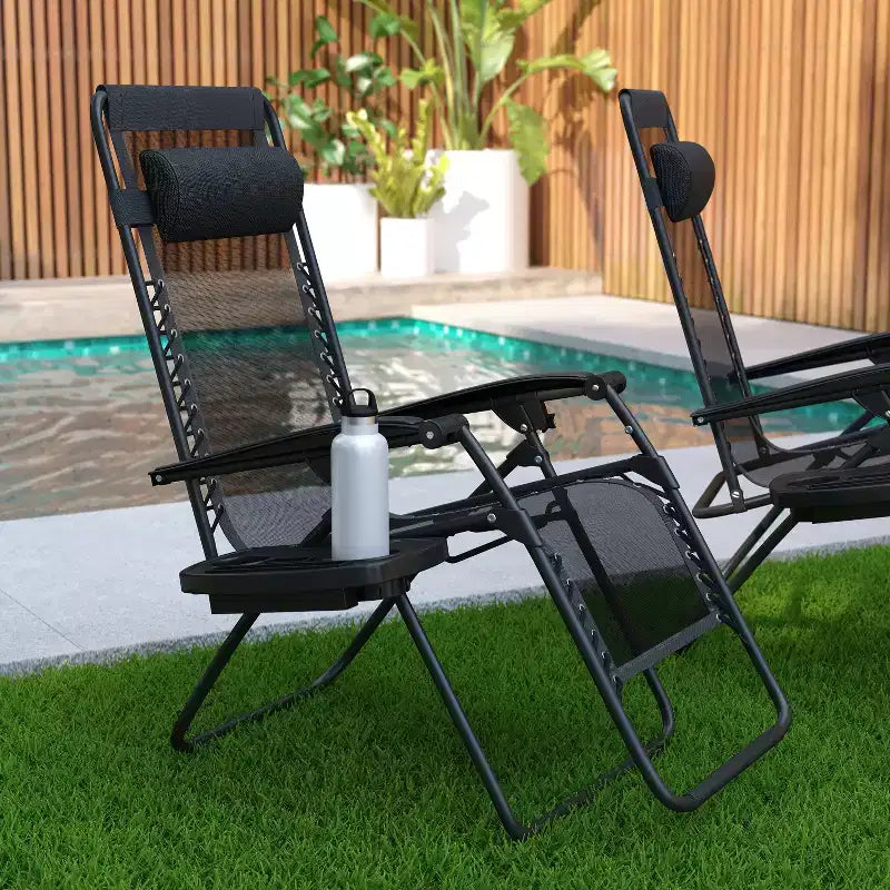 Merrick Lane Lot de 2 chaises pliantes rembourrées en filet Zero Gravity avec oreiller amovible et porte-gobelet