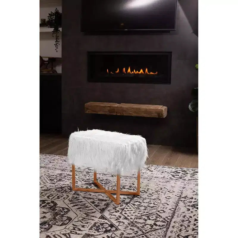 Tabouret/Pouffe Repose-Pieds Rectangulaire en Fausse Fourrure Blanche avec Pieds Dorés BirdRock Home
