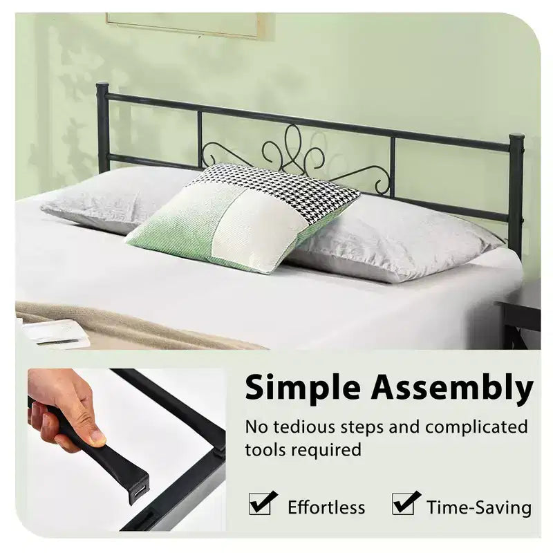 Cadre de lit plateforme en métal Costway double/queen/complet avec tête et pied de lit, aucun sommier tapissier requis