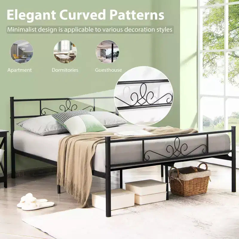 Cadre de lit plateforme en métal Costway double/queen/complet avec tête et pied de lit, aucun sommier tapissier requis