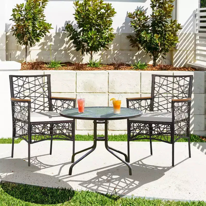 Costway Chaises de Bistro en Rotin PE pour Terrasse, Lot de 2, Accoudoirs en Bois d'Acacia avec Coussins, pour Extérieur