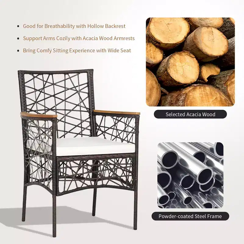 Costway Chaises de Bistro en Rotin PE pour Terrasse, Lot de 2, Accoudoirs en Bois d'Acacia avec Coussins, pour Extérieur
