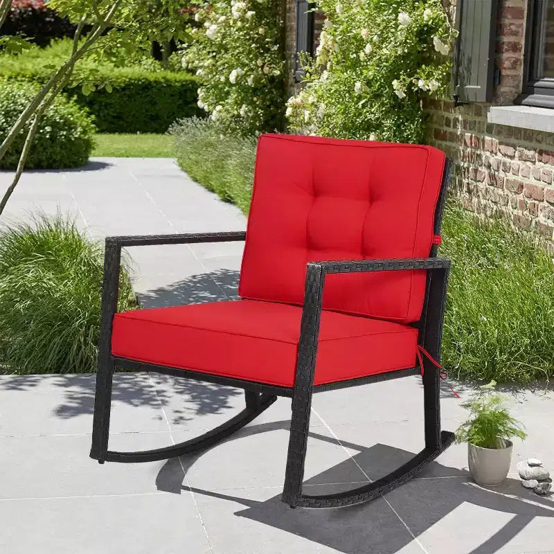 Fauteuil à bascule d'extérieur en rotin avec coussin - WELLFOR