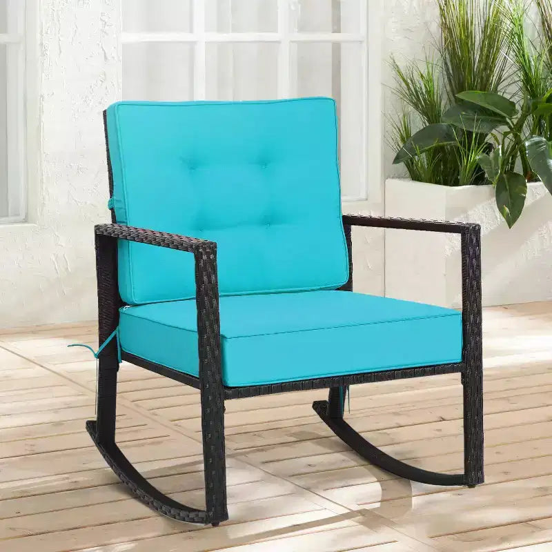 Fauteuil à bascule d'extérieur en rotin avec coussin - WELLFOR