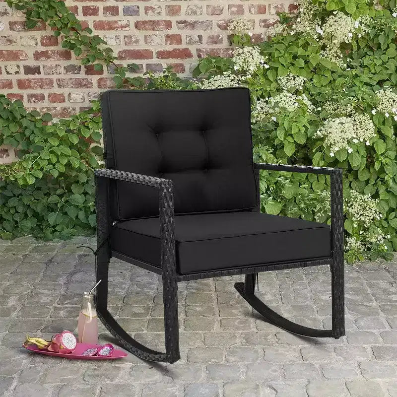 Fauteuil à bascule d'extérieur en rotin avec coussin - WELLFOR