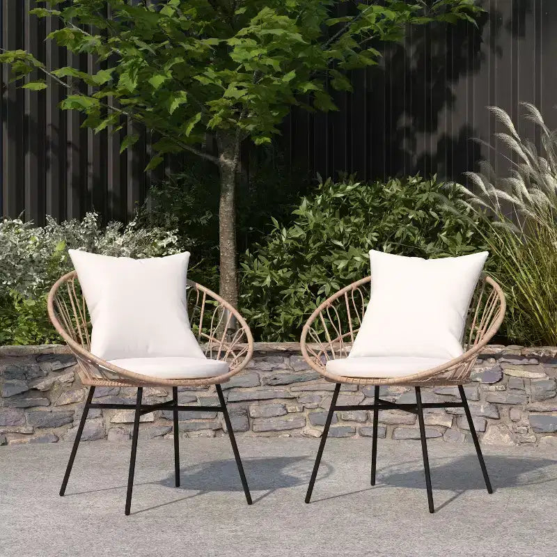 Merrick Lane Ensemble de 2 chaises de terrasse en rotin synthétique, style Papasan, intérieures/extérieures avec coussins d'assise et de dossier