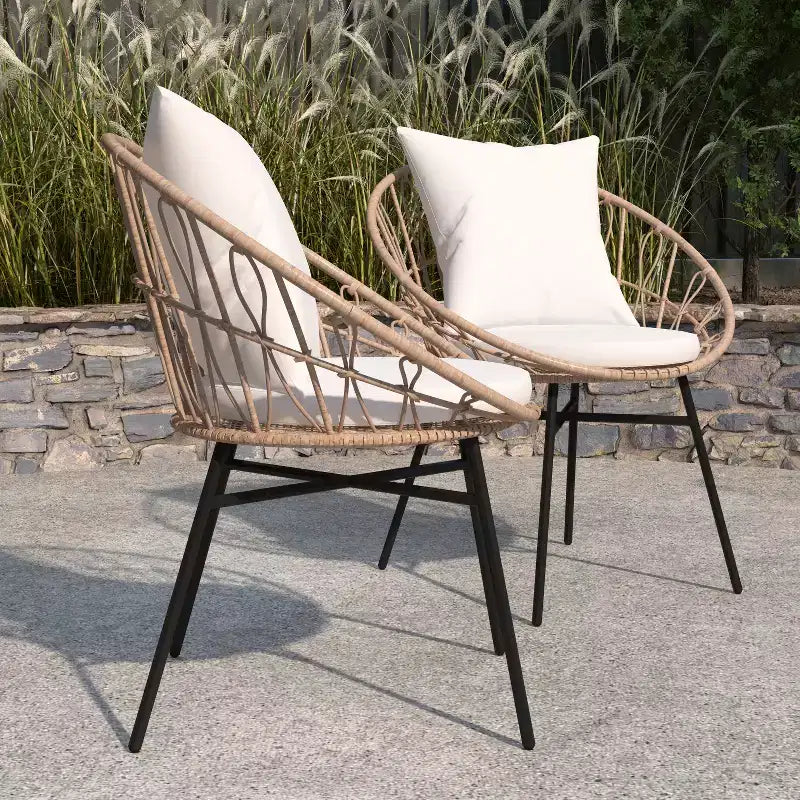 Merrick Lane Ensemble de 2 chaises de terrasse en rotin synthétique, style Papasan, intérieures/extérieures avec coussins d'assise et de dossier