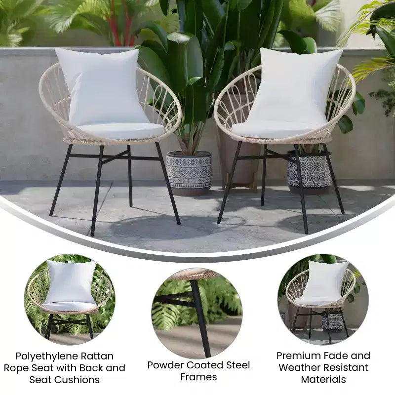 Merrick Lane Ensemble de 2 chaises de terrasse en rotin synthétique, style Papasan, intérieures/extérieures avec coussins d'assise et de dossier