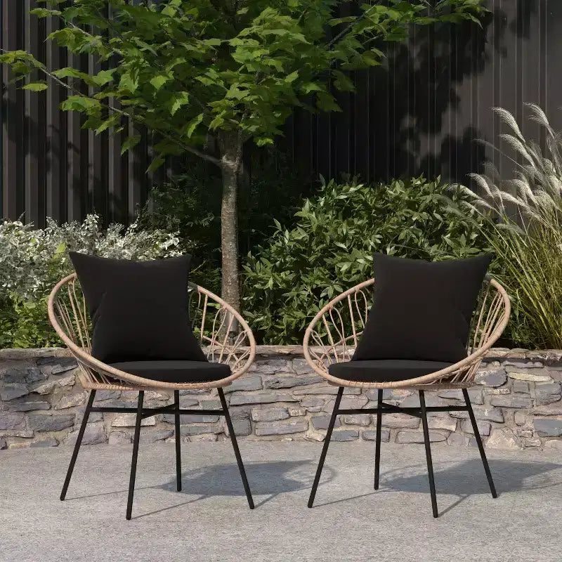Merrick Lane Ensemble de 2 chaises de terrasse en rotin synthétique, style Papasan, intérieures/extérieures avec coussins d'assise et de dossier