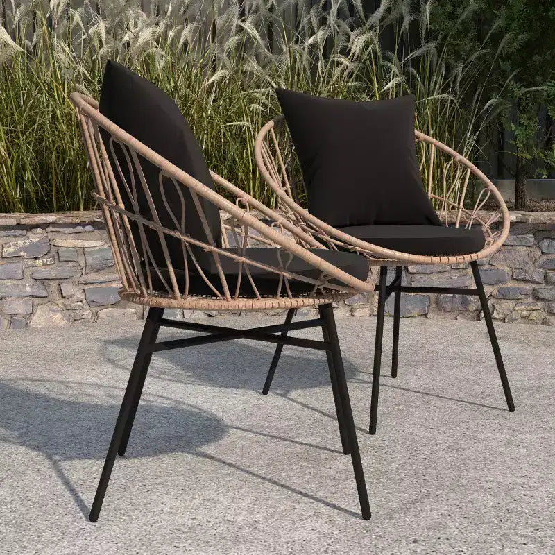Merrick Lane Ensemble de 2 chaises de terrasse en rotin synthétique, style Papasan, intérieures/extérieures avec coussins d'assise et de dossier