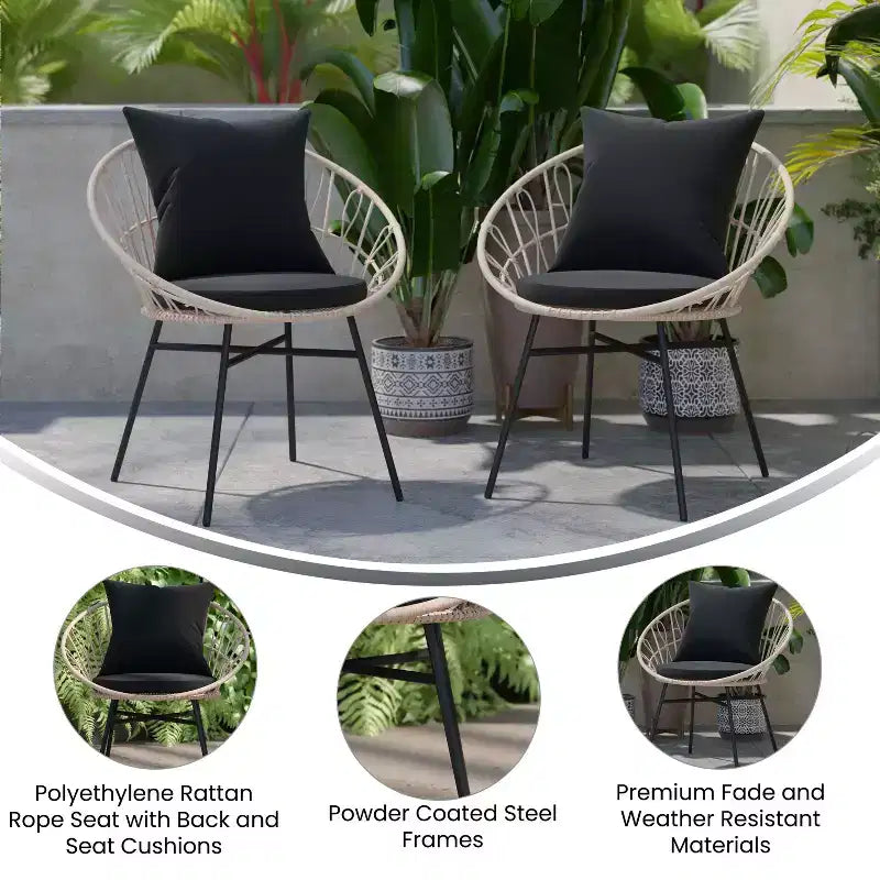 Merrick Lane Ensemble de 2 chaises de terrasse en rotin synthétique, style Papasan, intérieures/extérieures avec coussins d'assise et de dossier