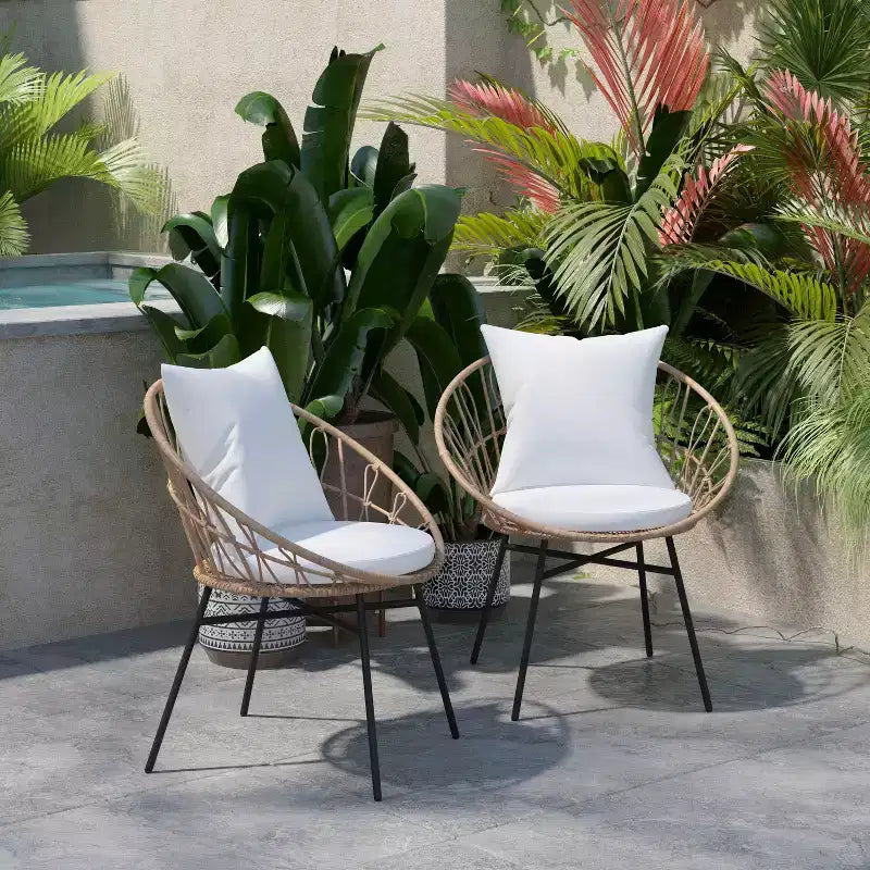 Flash Furniture Devon - Lot de 2 fauteuils de patio modernes en rotin tressé style Papasan, en rotin synthétique avec coussins, pour intérieur/extérieur