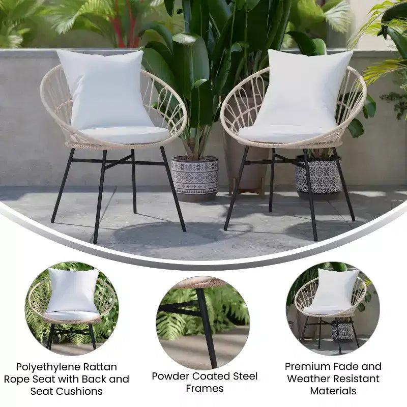Flash Furniture Devon - Lot de 2 fauteuils de patio modernes en rotin tressé style Papasan, en rotin synthétique avec coussins, pour intérieur/extérieur
