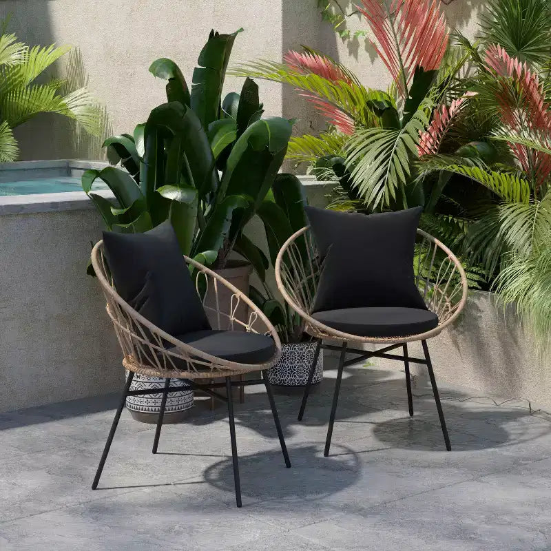 Flash Furniture Devon - Lot de 2 fauteuils de patio modernes en rotin tressé style Papasan, en rotin synthétique avec coussins, pour intérieur/extérieur