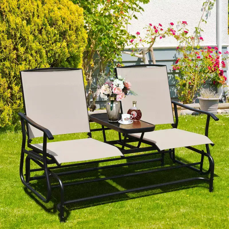 Costway Balancelle Double 2 Personnes avec Cadre en Acier et Table Centrale pour Patio
