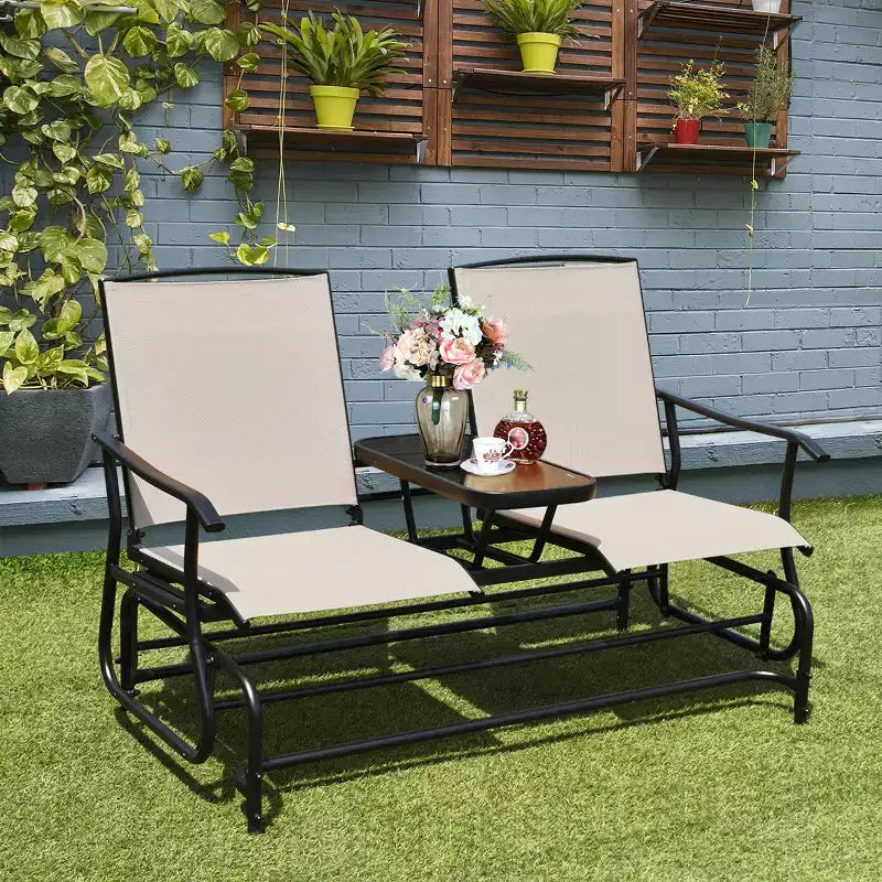 Costway Balancelle Double 2 Personnes avec Cadre en Acier et Table Centrale pour Patio
