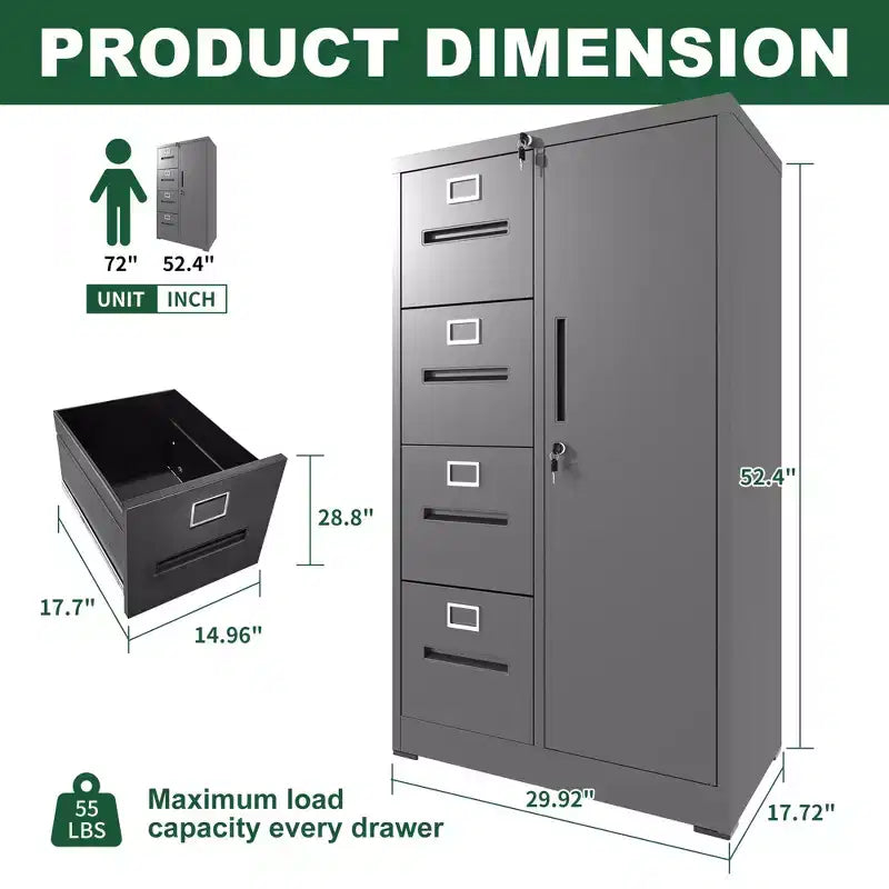 Classeur vertical en métal avec serrure, casier de rangement en acier à 4 tiroirs
