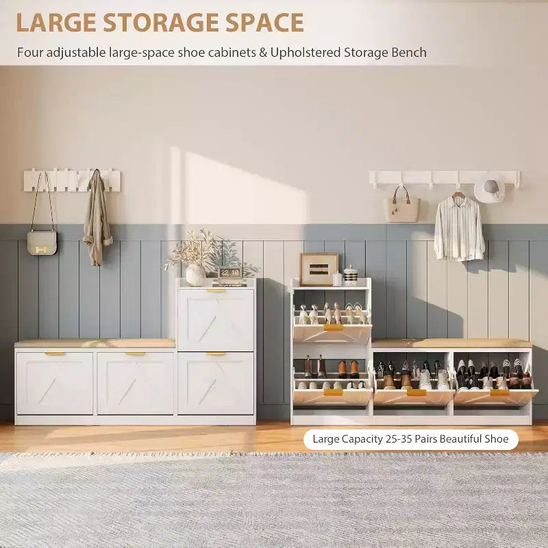Meuble à chaussures avec banc et 4 tiroirs basculants – Organisateur d'entrée étroit pour 35 à 40 paires