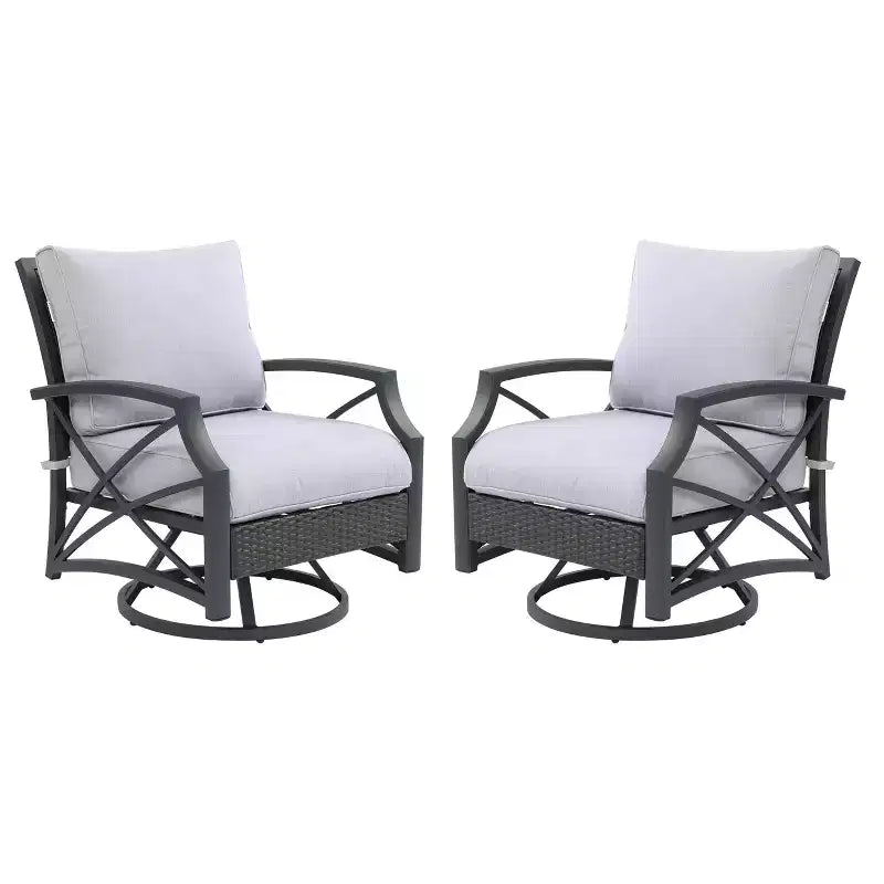 Ensemble de 2 chaises pivotantes d'extérieur en rotin et osier Kinger Home avec cadre en aluminium coulé gris