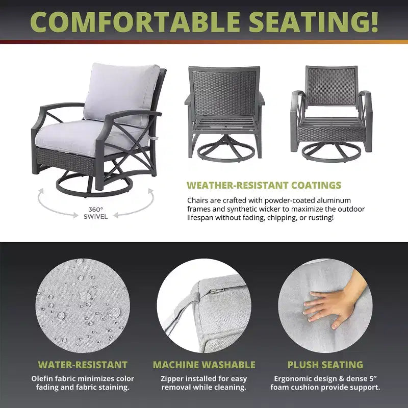 Ensemble de 2 chaises pivotantes d'extérieur en rotin et osier Kinger Home avec cadre en aluminium coulé gris