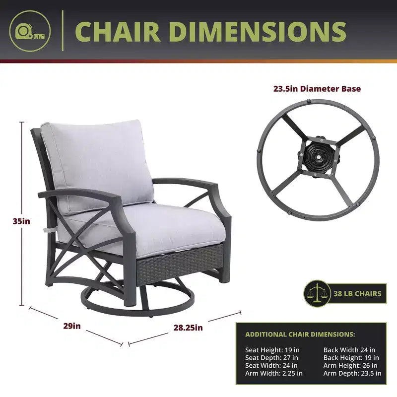 Ensemble de 2 chaises pivotantes d'extérieur en rotin et osier Kinger Home avec cadre en aluminium coulé gris