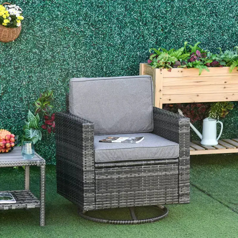Fauteuil à bascule pivotant d'extérieur Outsunny, chaise de salle à manger en résine tressée, planeur de patio pivotant à 360 degrés avec coussins, acier