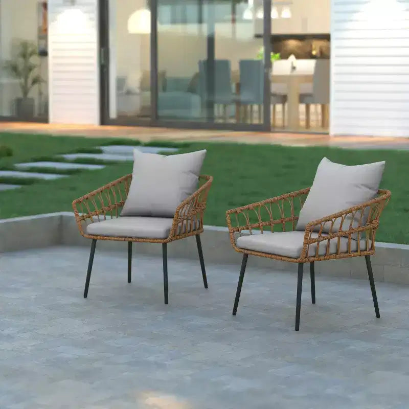 Chaises de patio Bohème en rotin naturel Emma et Oliver avec conception à tissage ouvert et coussins moelleux amovibles pour l'intérieur et l'extérieur