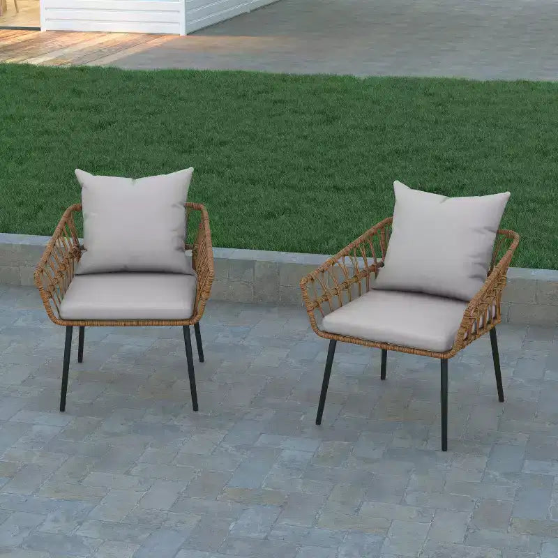 Chaises de patio Bohème en rotin naturel Emma et Oliver avec conception à tissage ouvert et coussins moelleux amovibles pour l'intérieur et l'extérieur