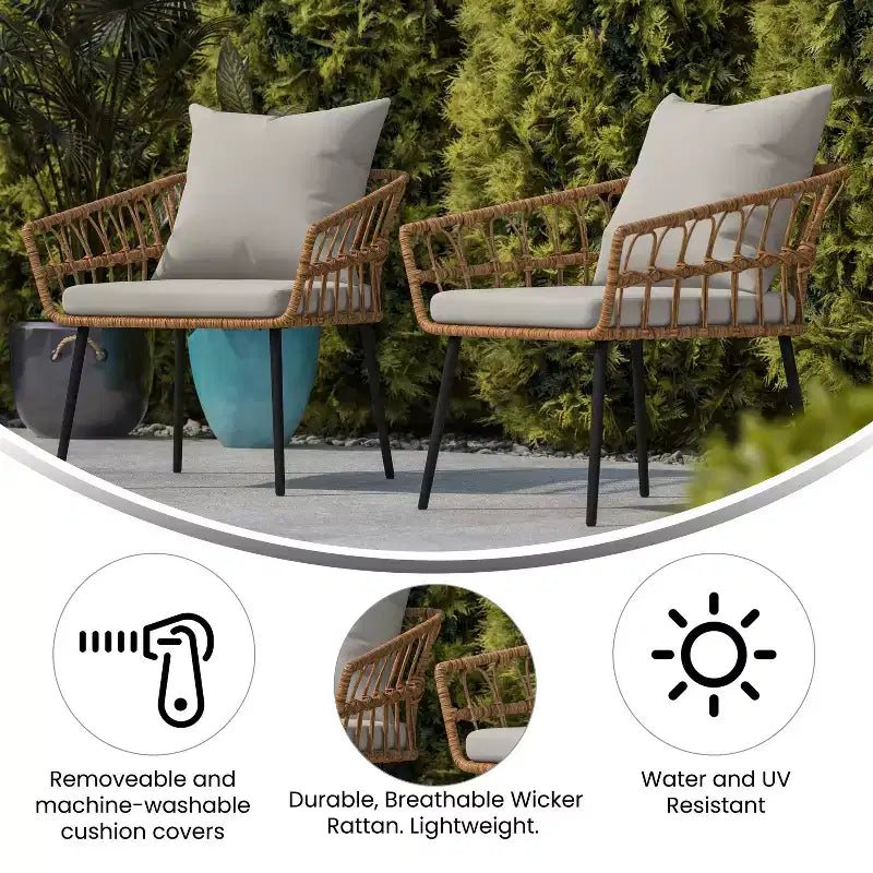 Chaises de patio Bohème en rotin naturel Emma et Oliver avec conception à tissage ouvert et coussins moelleux amovibles pour l'intérieur et l'extérieur