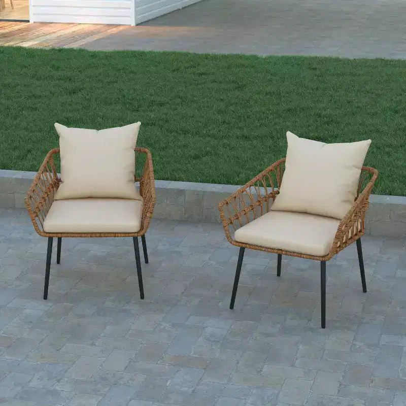 Chaises de patio Bohème en rotin naturel Emma et Oliver avec conception à tissage ouvert et coussins moelleux amovibles pour l'intérieur et l'extérieur