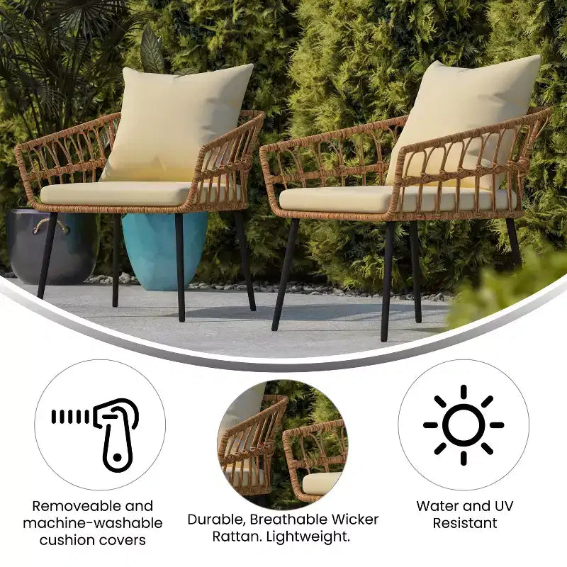 Chaises de patio Bohème en rotin naturel Emma et Oliver avec conception à tissage ouvert et coussins moelleux amovibles pour l'intérieur et l'extérieur