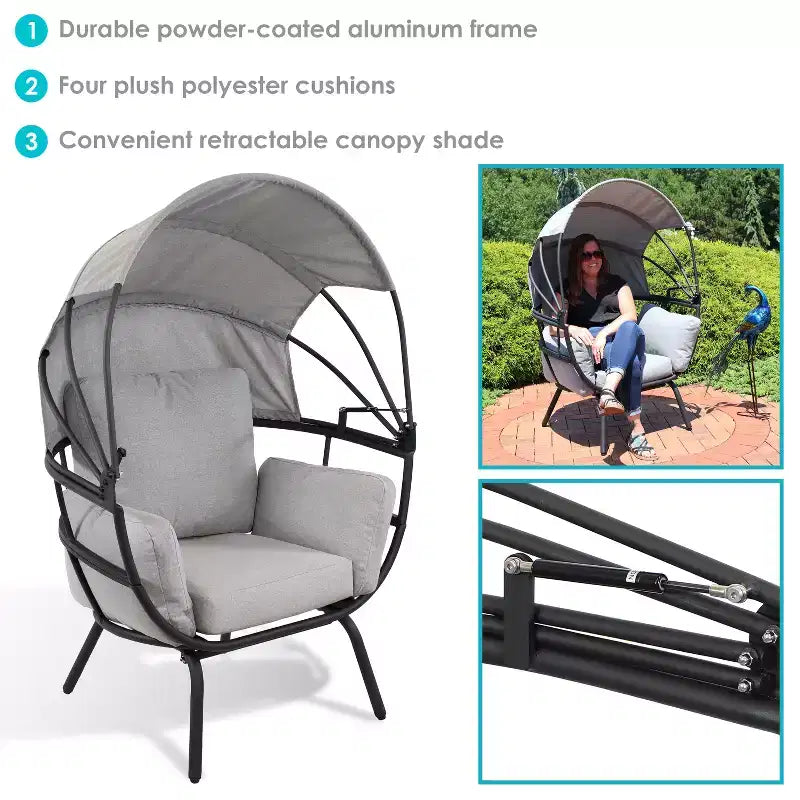 Chaise longue de luxe moderne Sunnydaze avec pare-soleil rétractable - Structure en aluminium thermolaqué avec coussins et auvent en polyester