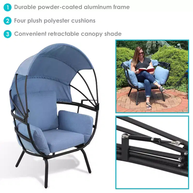 Chaise longue de luxe moderne Sunnydaze avec pare-soleil rétractable - Structure en aluminium thermolaqué avec coussins et auvent en polyester