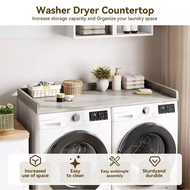 Comptoir pour lave-linge-sécheuse, dessus de machine à laver avec bord surélevé et tapis antidérapant pour le rangement des paniers à linge et l'organisation de la buanderie