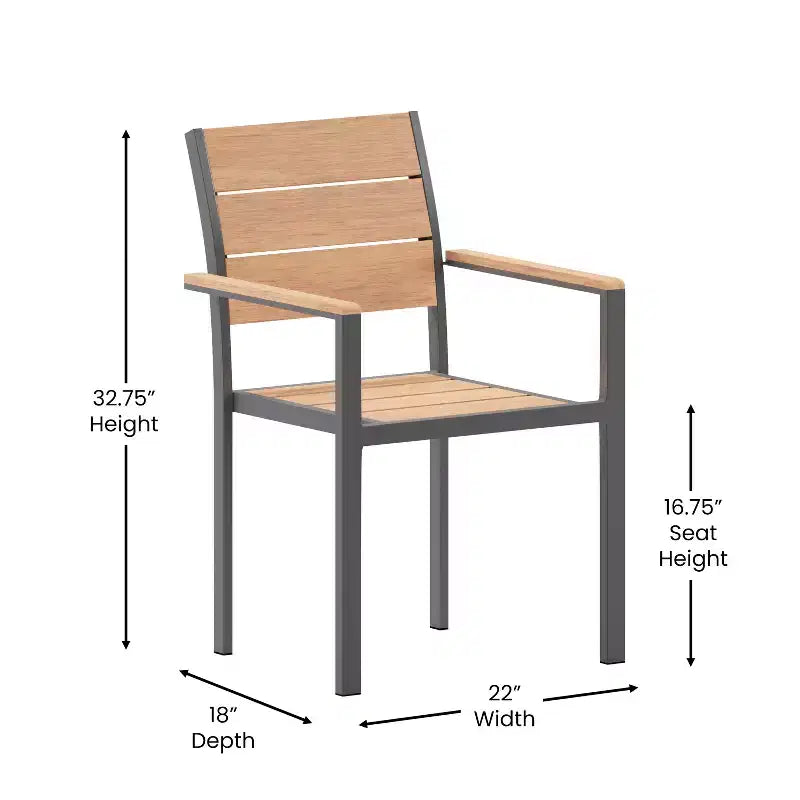 Chaise de patio commerciale Flash Furniture Finch avec accoudoirs, chaise d'appoint empilable avec lattes en faux teck et cadre en métal