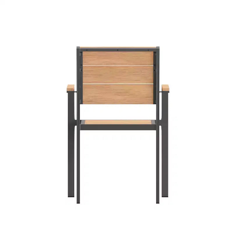 Chaise de patio commerciale Flash Furniture Finch avec accoudoirs, chaise d'appoint empilable avec lattes en faux teck et cadre en métal