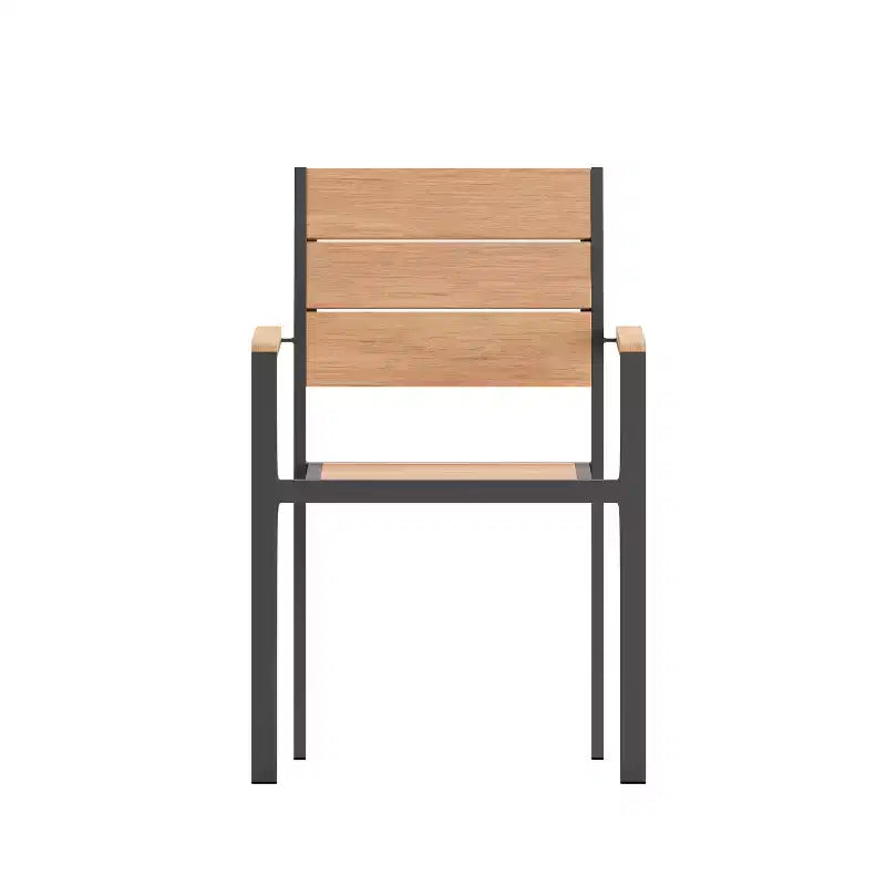 Chaise de patio commerciale Flash Furniture Finch avec accoudoirs, chaise d'appoint empilable avec lattes en faux teck et cadre en métal